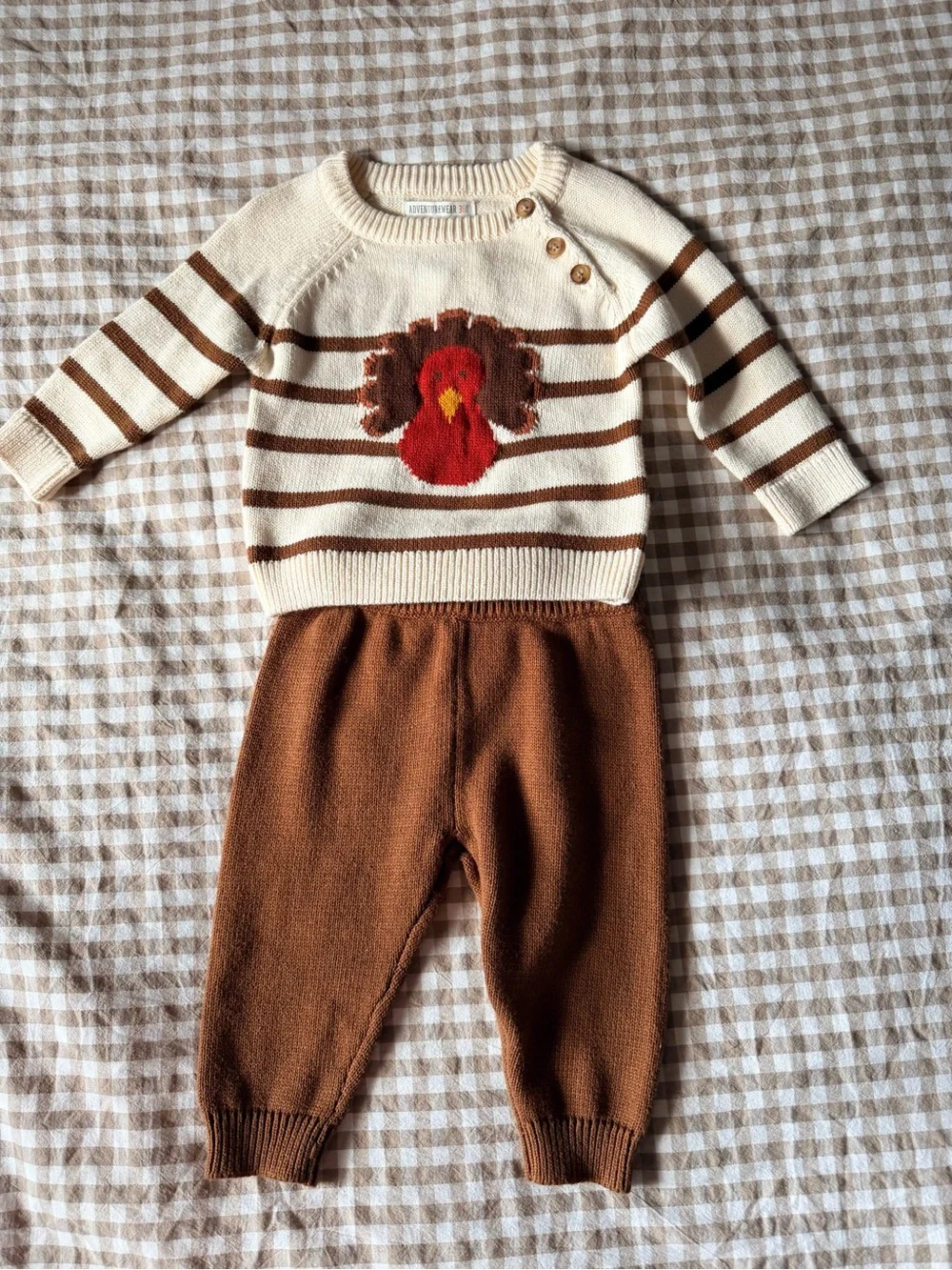Cream & Brown Striped Knit Baby Sweater with Red Turkey Motif